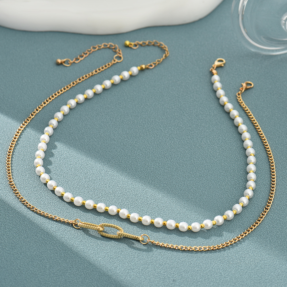 Fashion Solid Color Imitation Pearl Copper Chain Womenu0027S Necklace 2 Piece Set