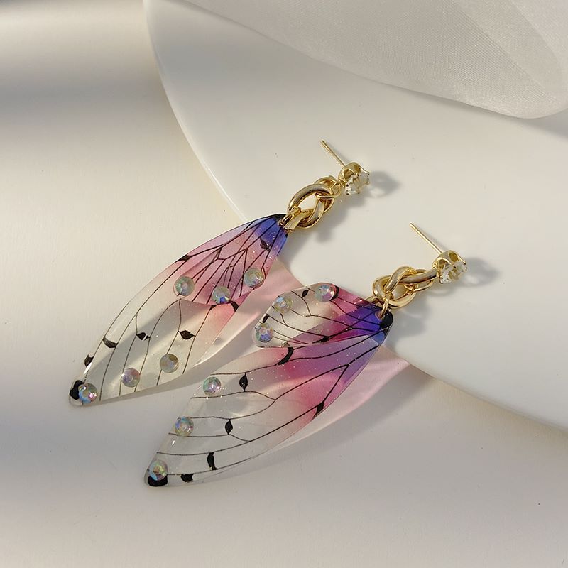 Fashion Gradient Color Wings Butterfly Alloy Resin Transparent Rhinestones Womenu0027S Drop Earrings