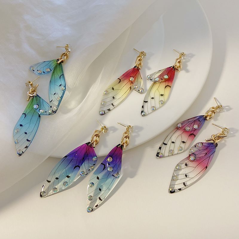 Fashion Gradient Color Wings Butterfly Alloy Resin Transparent Rhinestones Womenu0027S Drop Earrings