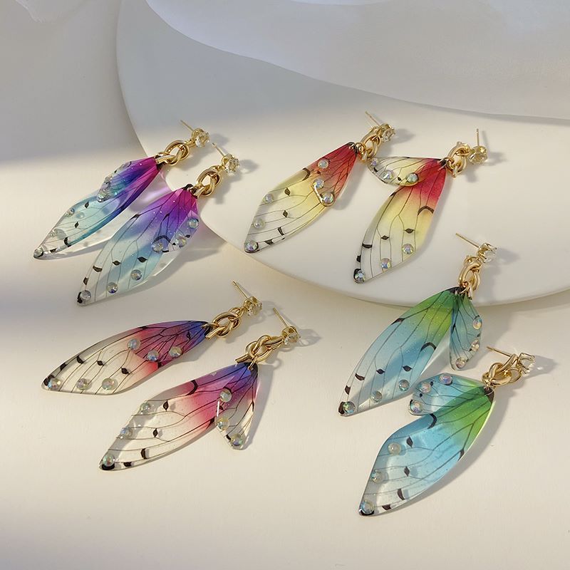 Fashion Gradient Color Wings Butterfly Alloy Resin Transparent Rhinestones Womenu0027S Drop Earrings