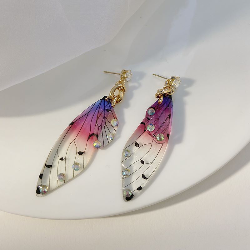 Fashion Gradient Color Wings Butterfly Alloy Resin Transparent Rhinestones Womenu0027S Drop Earrings