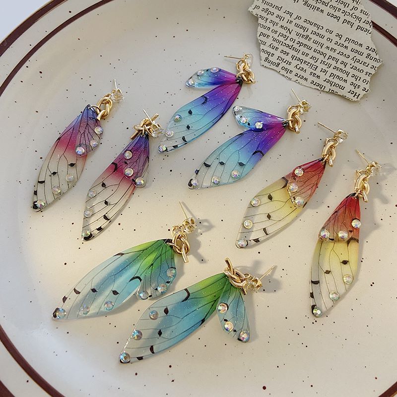 Fashion Gradient Color Wings Butterfly Alloy Resin Transparent Rhinestones Womenu0027S Drop Earrings