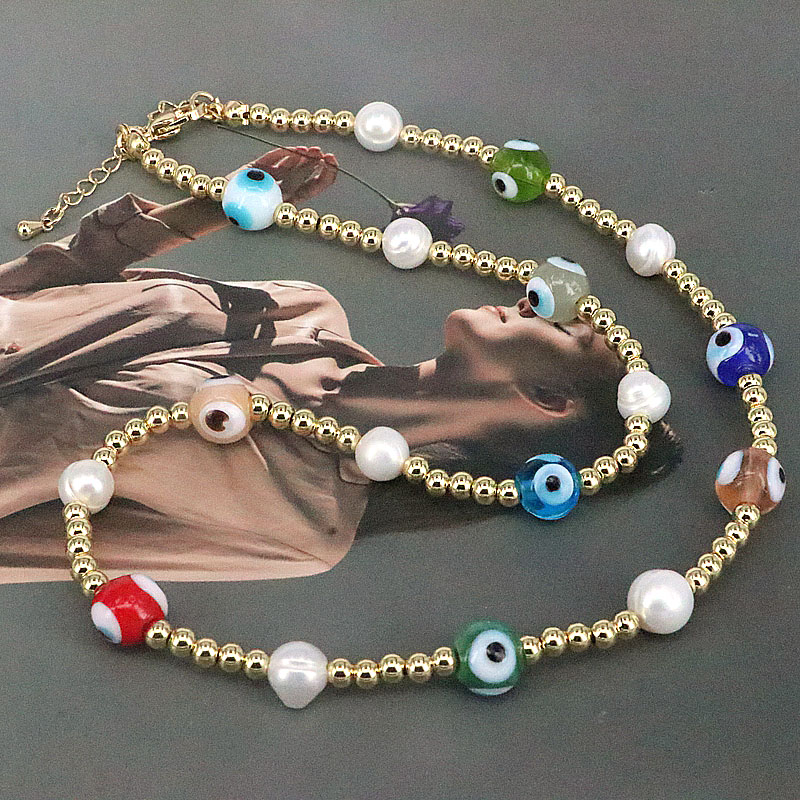 Simple Style Round Eye Imitation Pearl glass Copper Beaded Gold Plated Necklace 1 Piece