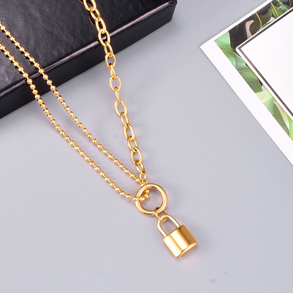 Vintage Style Lock Titanium Steel Patchwork Gold Plated Pendant Necklace 1 Piece