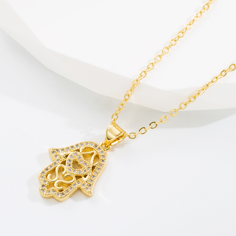 Hip-Hop Portrait Palm Copper Gold Plated Zircon Pendant Necklace 1 Piece