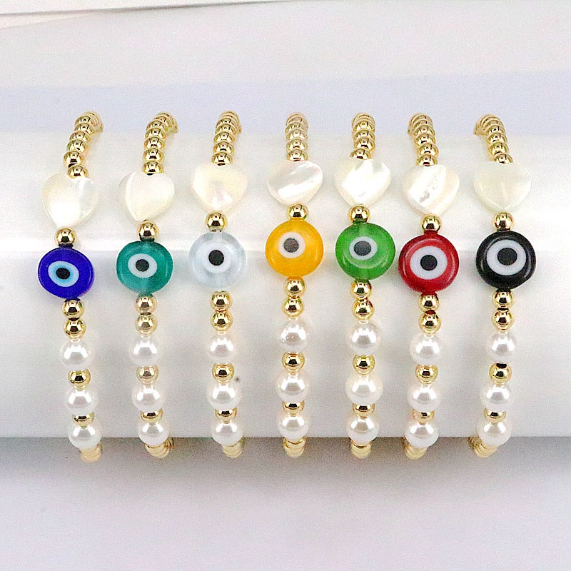 Hip-Hop Round Heart Shape Eye Imitation Pearl rope Copper Beaded Gold Plated Shell Bracelets 1 Piece