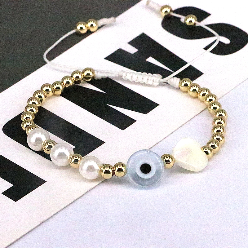 Hip-Hop Round Heart Shape Eye Imitation Pearl rope Copper Beaded Gold Plated Shell Bracelets 1 Piece