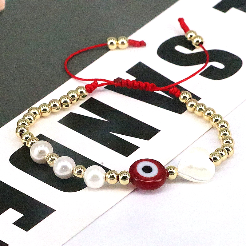 Hip-Hop Round Heart Shape Eye Imitation Pearl rope Copper Beaded Gold Plated Shell Bracelets 1 Piece