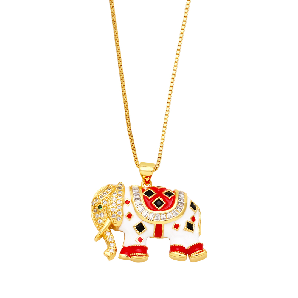 Retro Elephant Copper Enamel Gold Plated Zircon Pendant Necklace 1 Piece