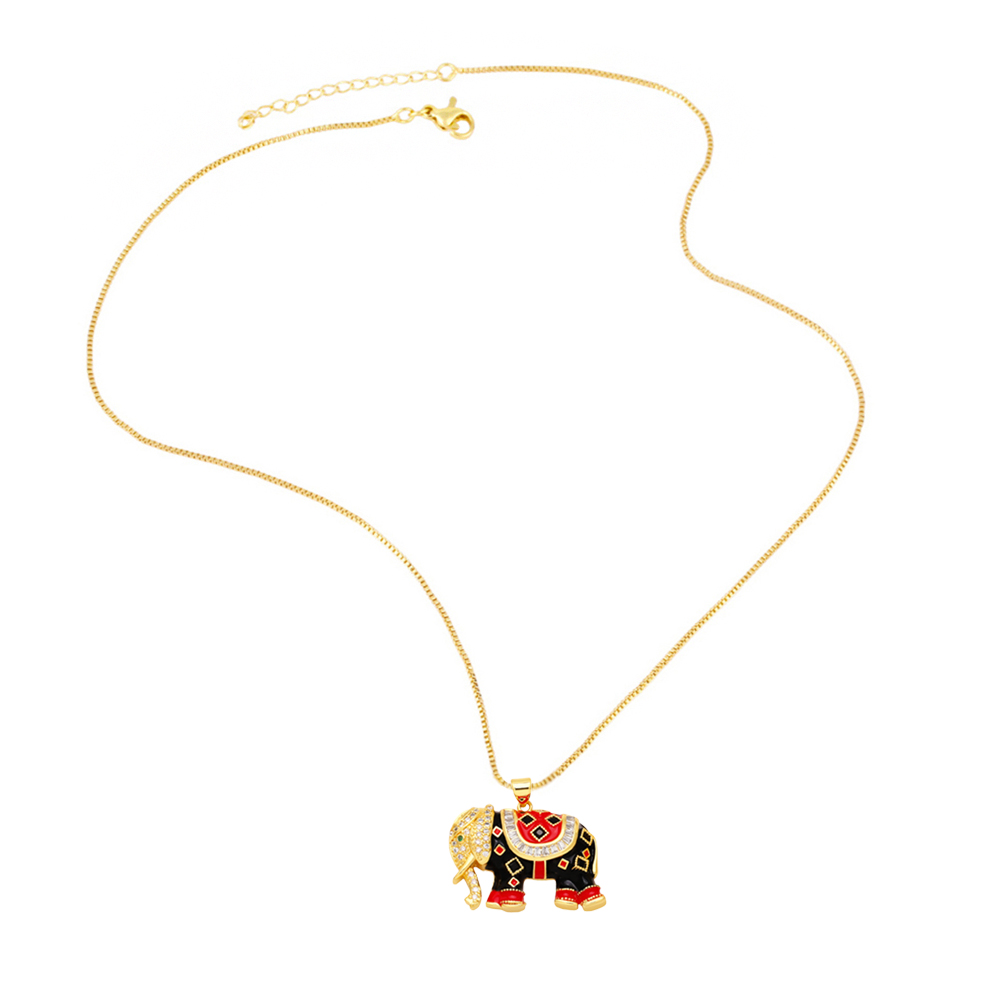 Retro Elephant Copper Enamel Gold Plated Zircon Pendant Necklace 1 Piece