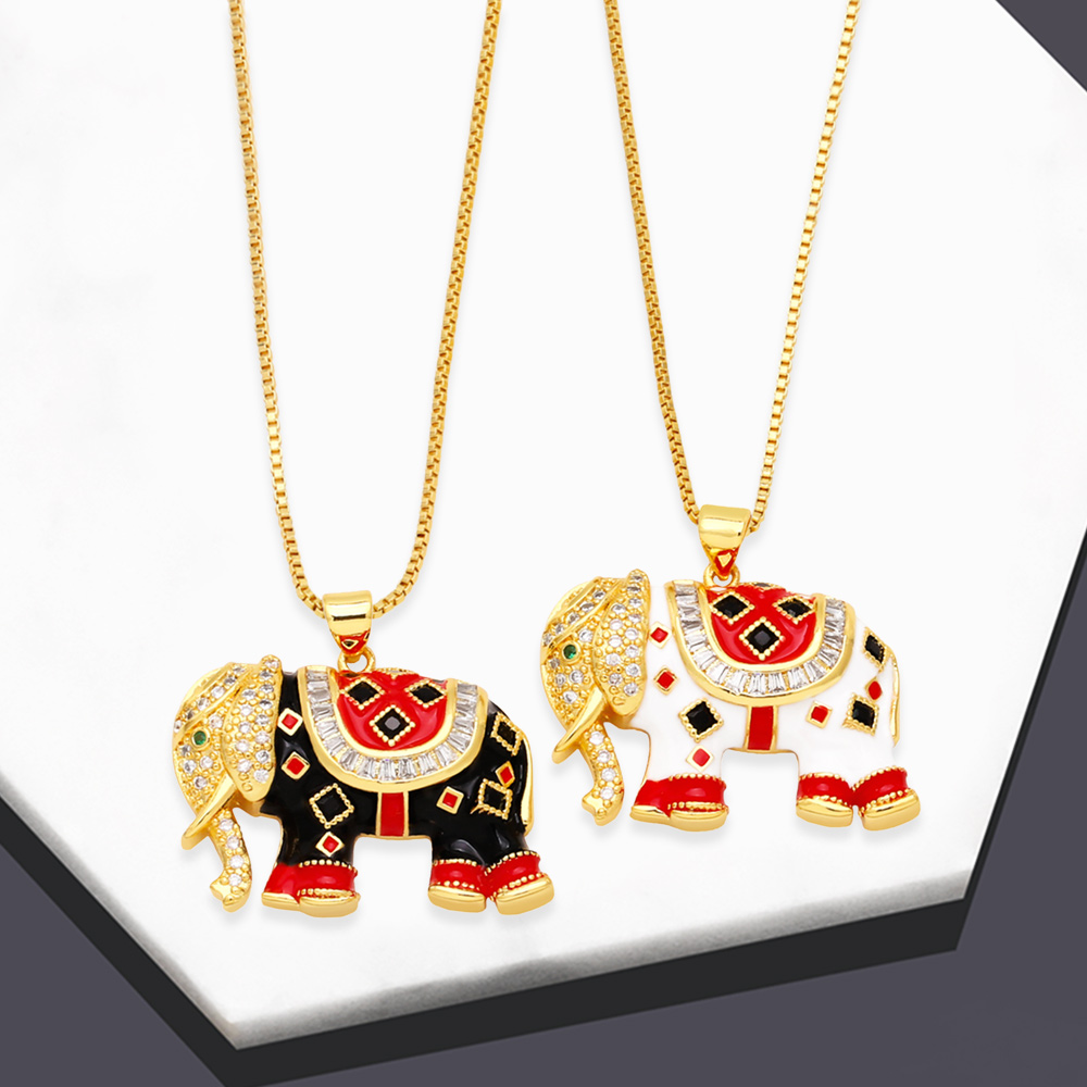 Retro Elephant Copper Enamel Gold Plated Zircon Pendant Necklace 1 Piece