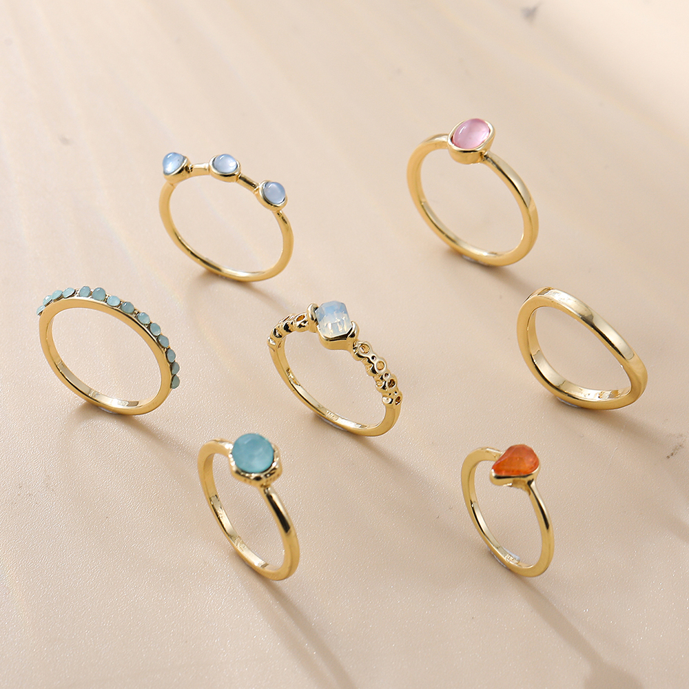 Fashion Round Water Droplets Alloy Plating Inlay Glass Womenu0027S Rings 7 Pieces