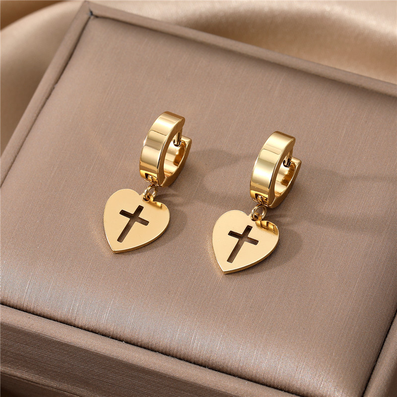 Fashion Cross Heart Shape Eye Stainless Steel Plating Zircon Dangling Earrings 1 Pair