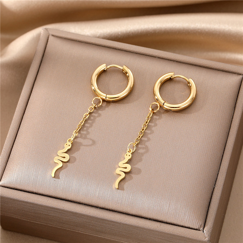 Fashion Triangle Feather Snake Stainless Steel Plating Titanium Steel Dangling Earrings 1 Pair