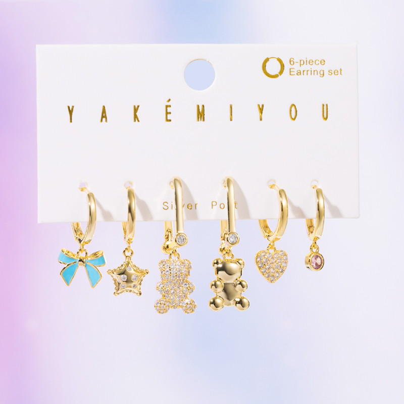 Yakemiyou Fashion Star Bear Heart Shape Copper Enamel Zircon Dangling Earrings 1 Set