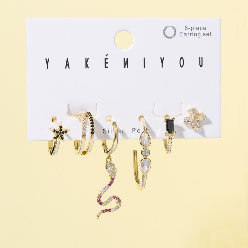 Yakemiyou Fashion Pentagram Heart Shape Snake Copper Enamel Gold Plated Zircon Dangling Earrings 1 S