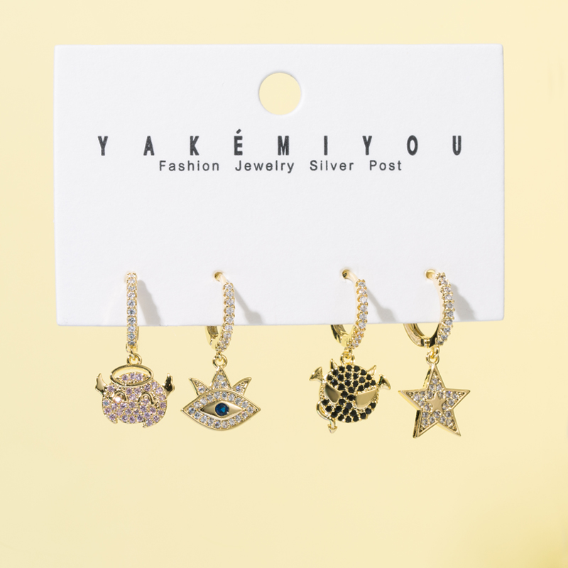 Yakemiyou Fashion Pentagram Heart Shape Snake Copper Enamel Gold Plated Zircon Dangling Earrings 1 S