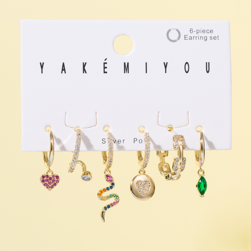 Yakemiyou Fashion Pentagram Heart Shape Snake Copper Enamel Gold Plated Zircon Dangling Earrings 1 S