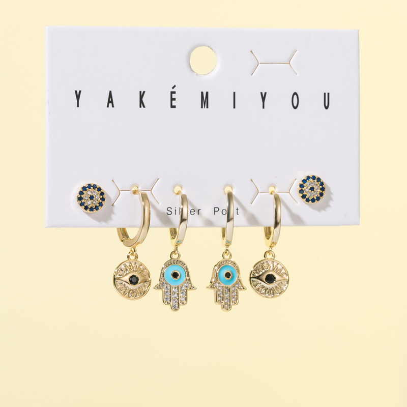 Yakemiyou Fashion Devilu0027S Eye Hand Of Fatima Copper Enamel Gold Plated Zircon Drop Earrings 1 Se