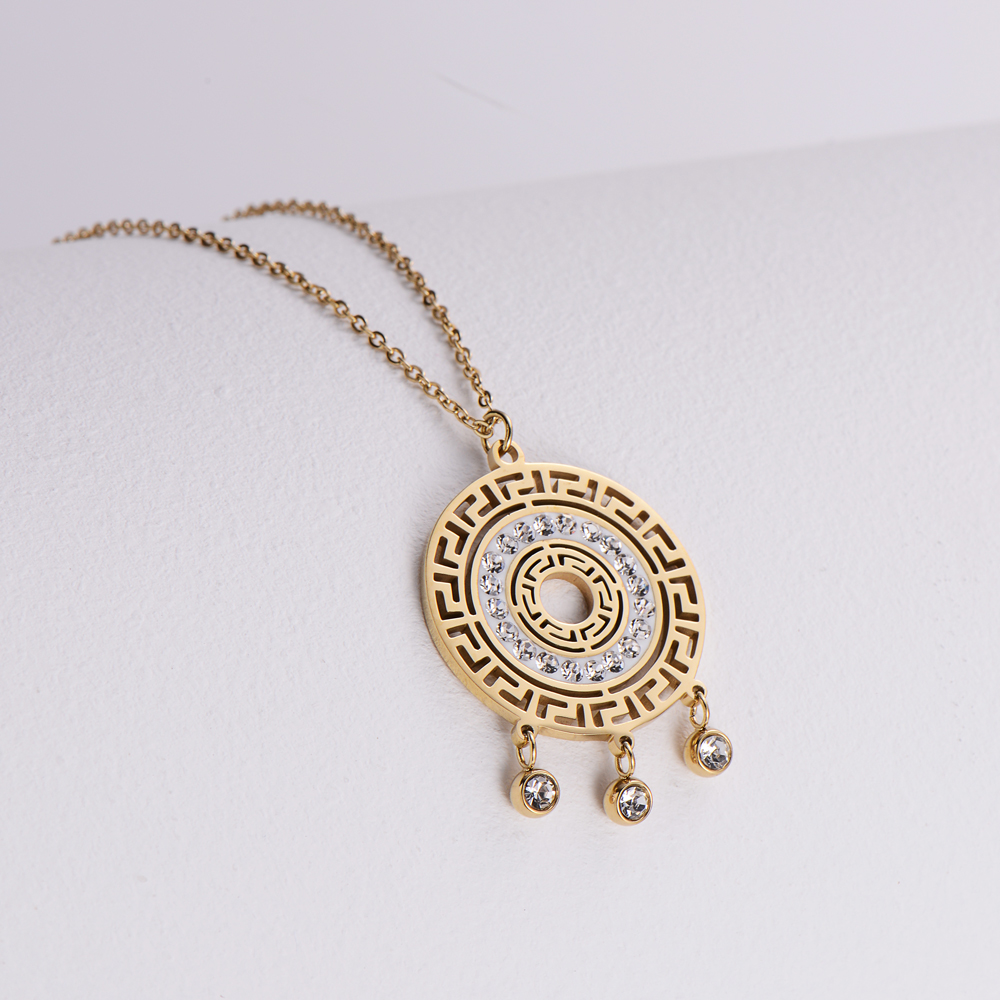 Elegant Round Stainless Steel Gold Plated Rhinestones Pendant Necklace 1 Piece