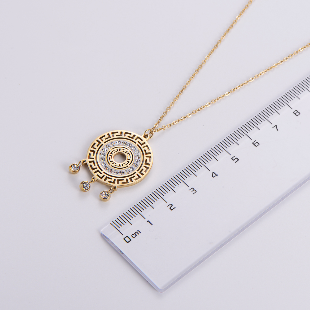 Elegant Round Stainless Steel Gold Plated Rhinestones Pendant Necklace 1 Piece
