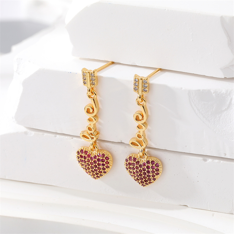 Retro Love Letter Heart Shape Copper Inlay Zircon Drop Earrings 1 Pair