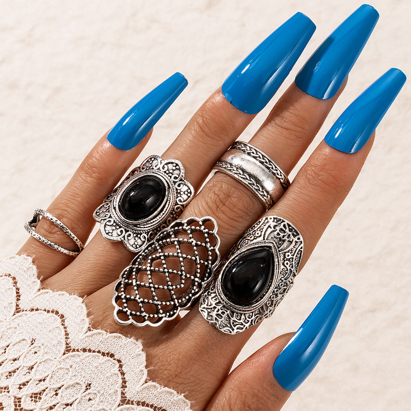 Retro Grid Alloy Enamel Hollow Out Womenu0027S Rings 5 Piece Set