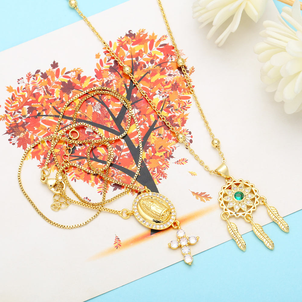 Fashion Cross Virgin Mary Dreamcatcher Copper Patchwork Gold Plated Zircon Pendant Necklace 1 Piece