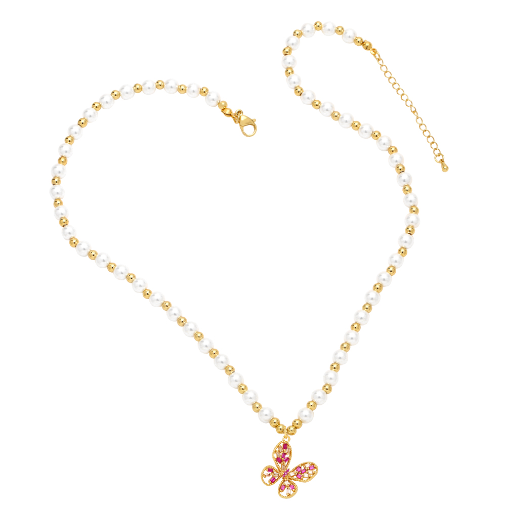 Fashion Cartoon Character Butterfly Copper Beaded Gold Plated Artificial Pearls Zircon Pendant Neckl