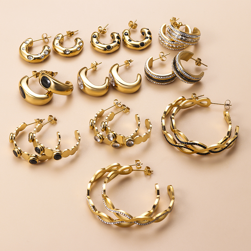Simple Style C Shape Stainless Steel Inlay Zircon Ear Studs 1 Pair