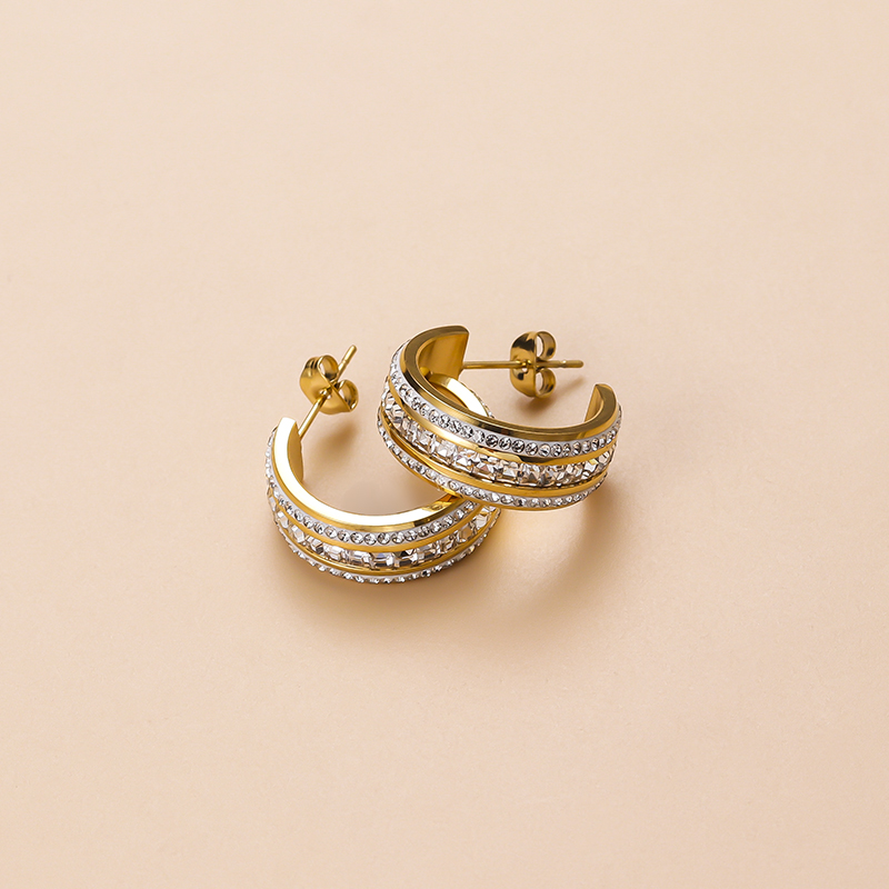 Simple Style C Shape Stainless Steel Inlay Zircon Ear Studs 1 Pair