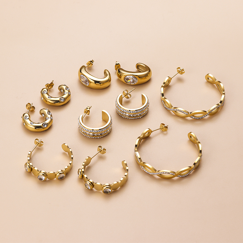 Simple Style C Shape Stainless Steel Inlay Zircon Ear Studs 1 Pair