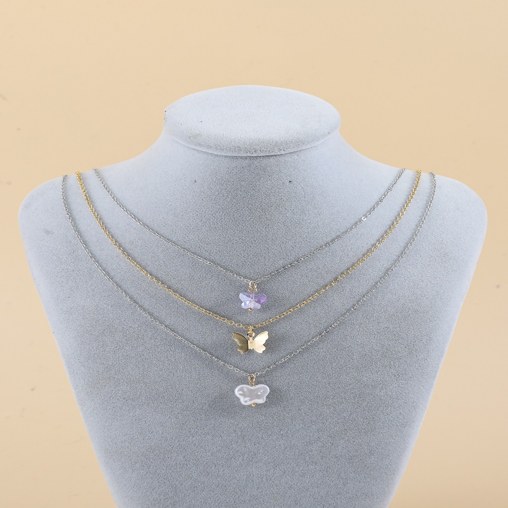 Simple Style Butterfly Alloy Plating Artificial Crystal Artificial Pearls Womenu0027S Layered Neckla