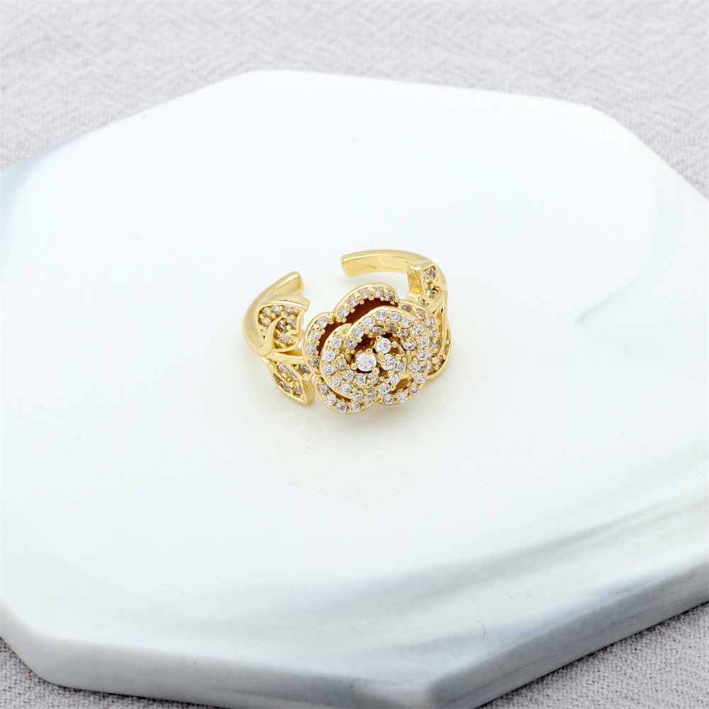 Fashion Rose Flower Copper Inlay Zircon Open Ring 1 Piece