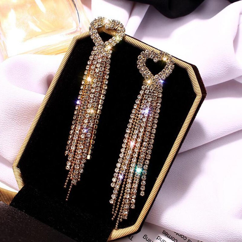 Elegant Tassel Heart Shape Copper Plating Inlay Rhinestones Drop Earrings 1 Pair