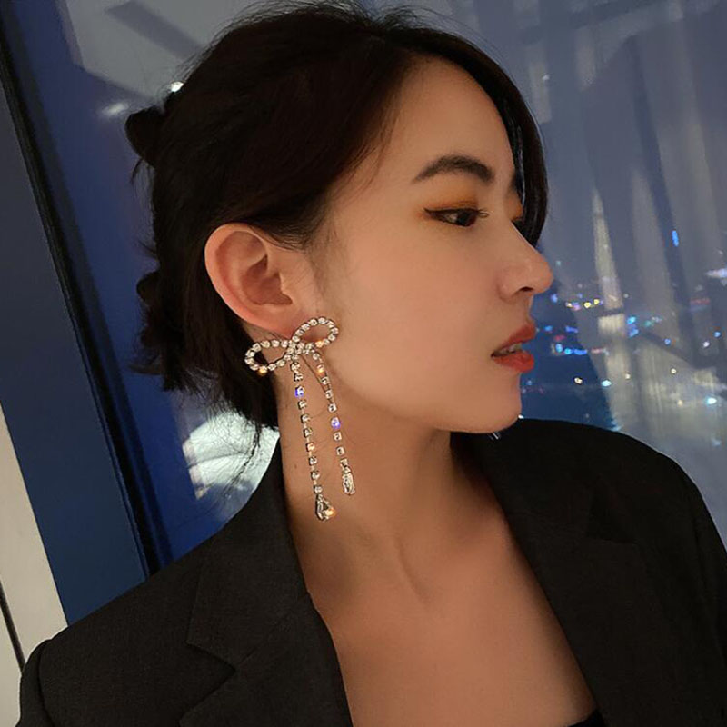 Simple Style Bow Knot Copper Hollow Out Inlay Rhinestones Drop Earrings 1 Pair