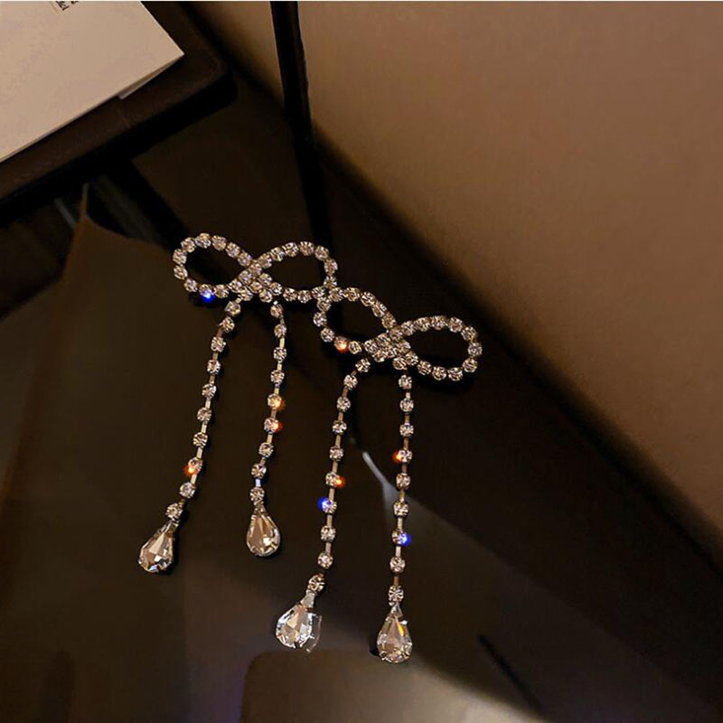 Simple Style Bow Knot Copper Hollow Out Inlay Rhinestones Drop Earrings 1 Pair