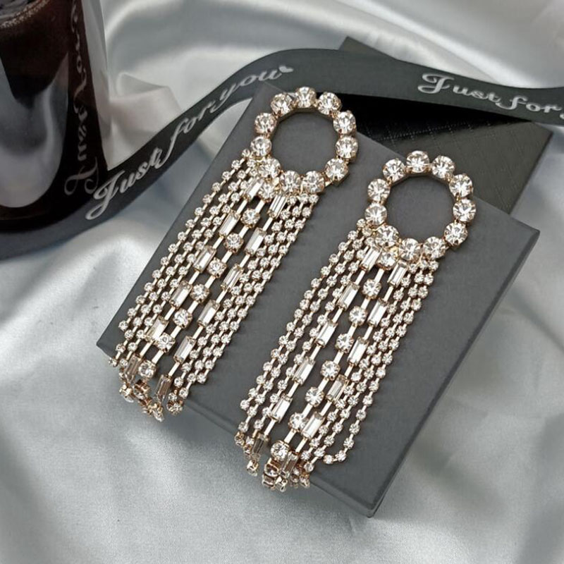 Exaggerated Circle Tassel Copper Inlay Rhinestones Drop Earrings 1 Pair