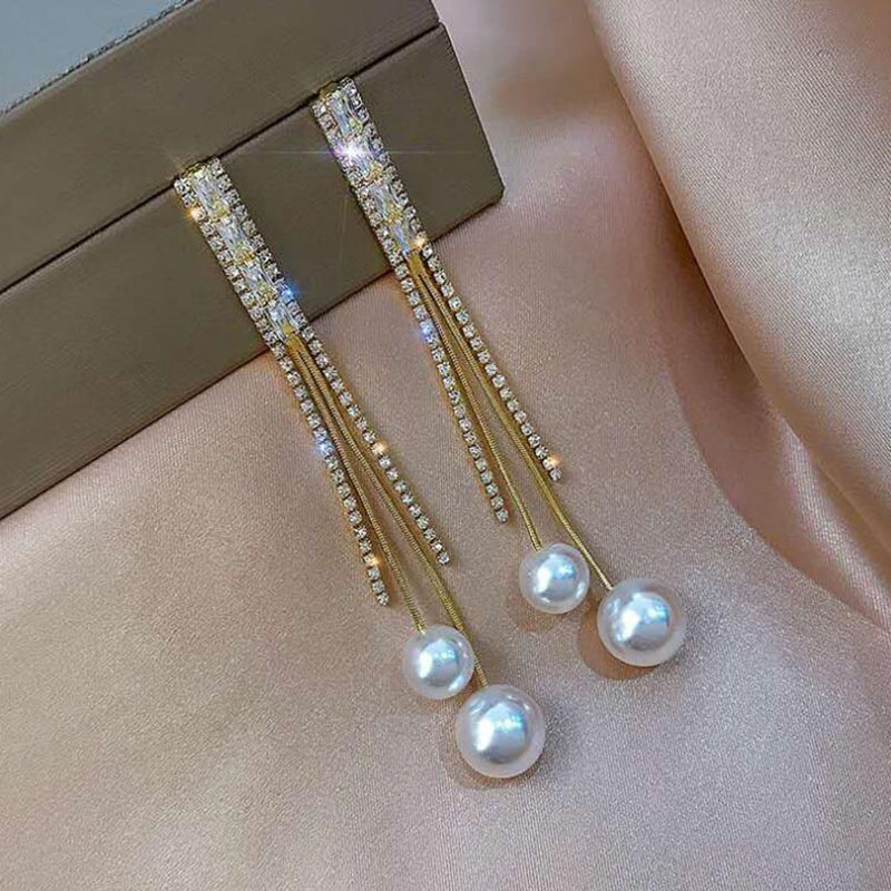 Simple Style Tassel Copper Inlay Artificial Pearls Rhinestones Drop Earrings 1 Pair