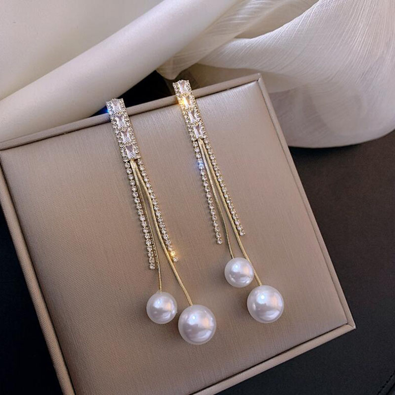 Simple Style Tassel Copper Inlay Artificial Pearls Rhinestones Drop Earrings 1 Pair