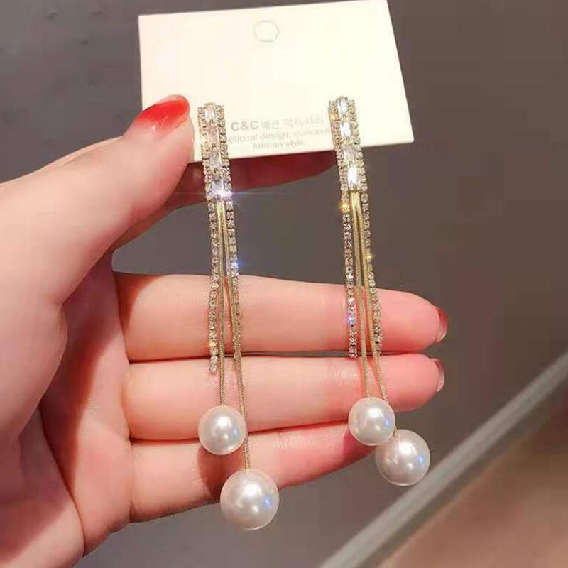 Simple Style Tassel Copper Inlay Artificial Pearls Rhinestones Drop Earrings 1 Pair