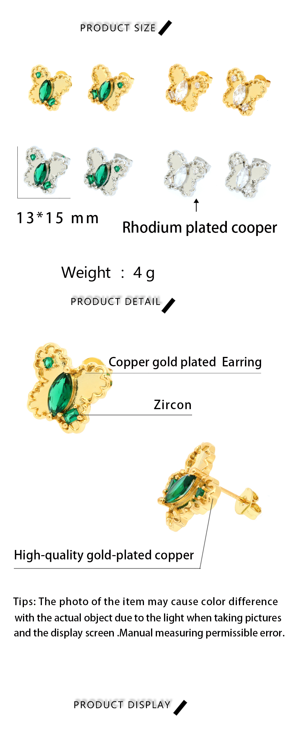 Fashion Butterfly Copper Gold Plated Zircon Ear Studs 1 Pair