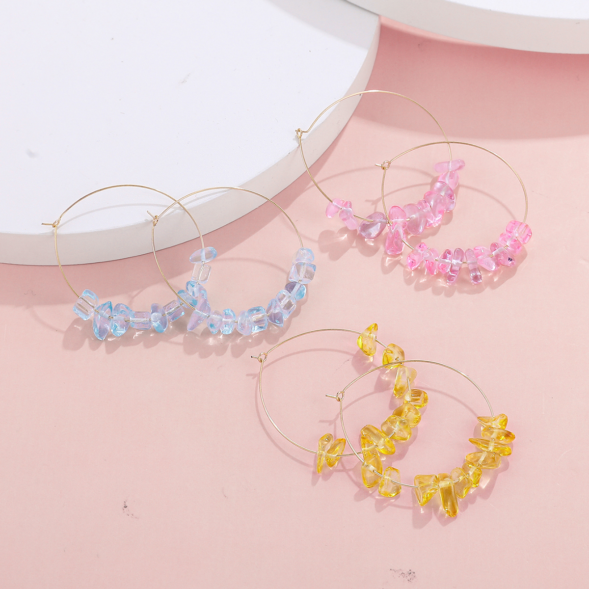 Sweet Geometric Alloy Beaded Glass Stone Womenu0027S Hoop Earrings 3 Pairs