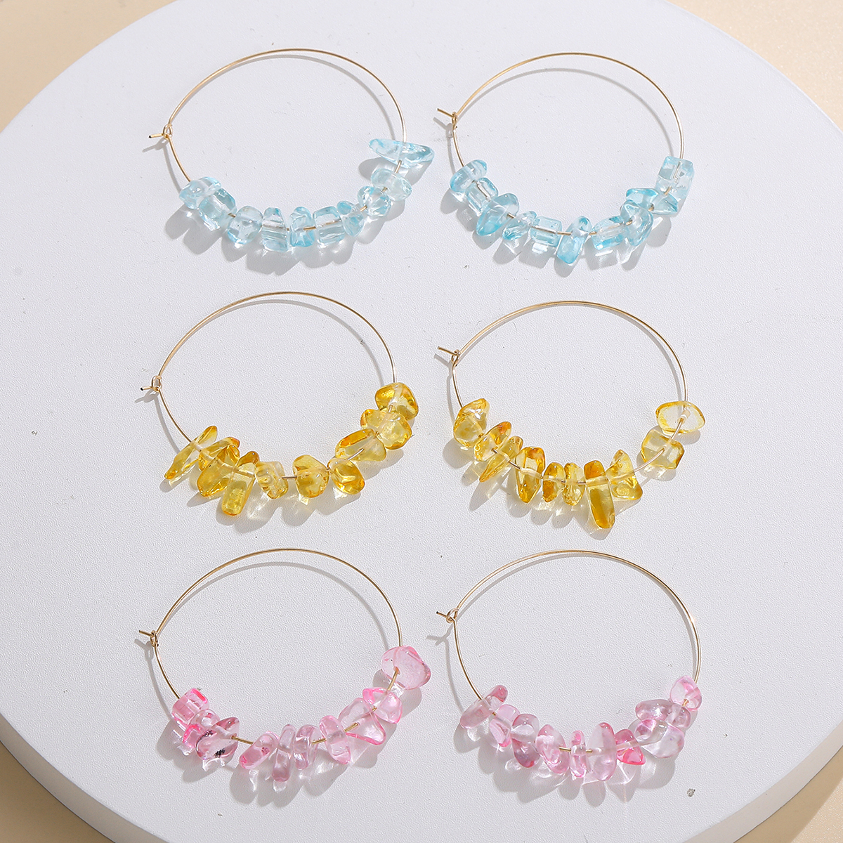 Sweet Geometric Alloy Beaded Glass Stone Womenu0027S Hoop Earrings 3 Pairs