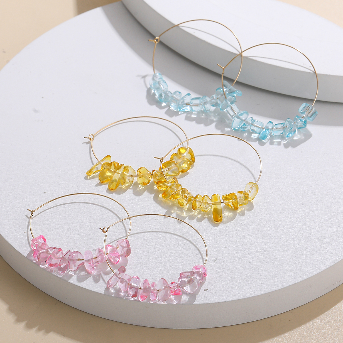 Sweet Geometric Alloy Beaded Glass Stone Womenu0027S Hoop Earrings 3 Pairs