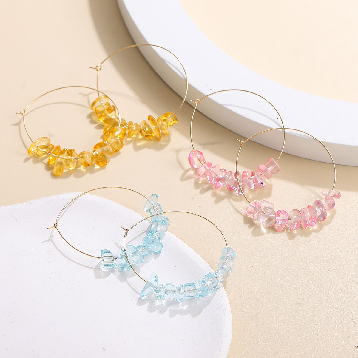 Sweet Geometric Alloy Beaded Glass Stone Womenu0027S Hoop Earrings 3 Pairs