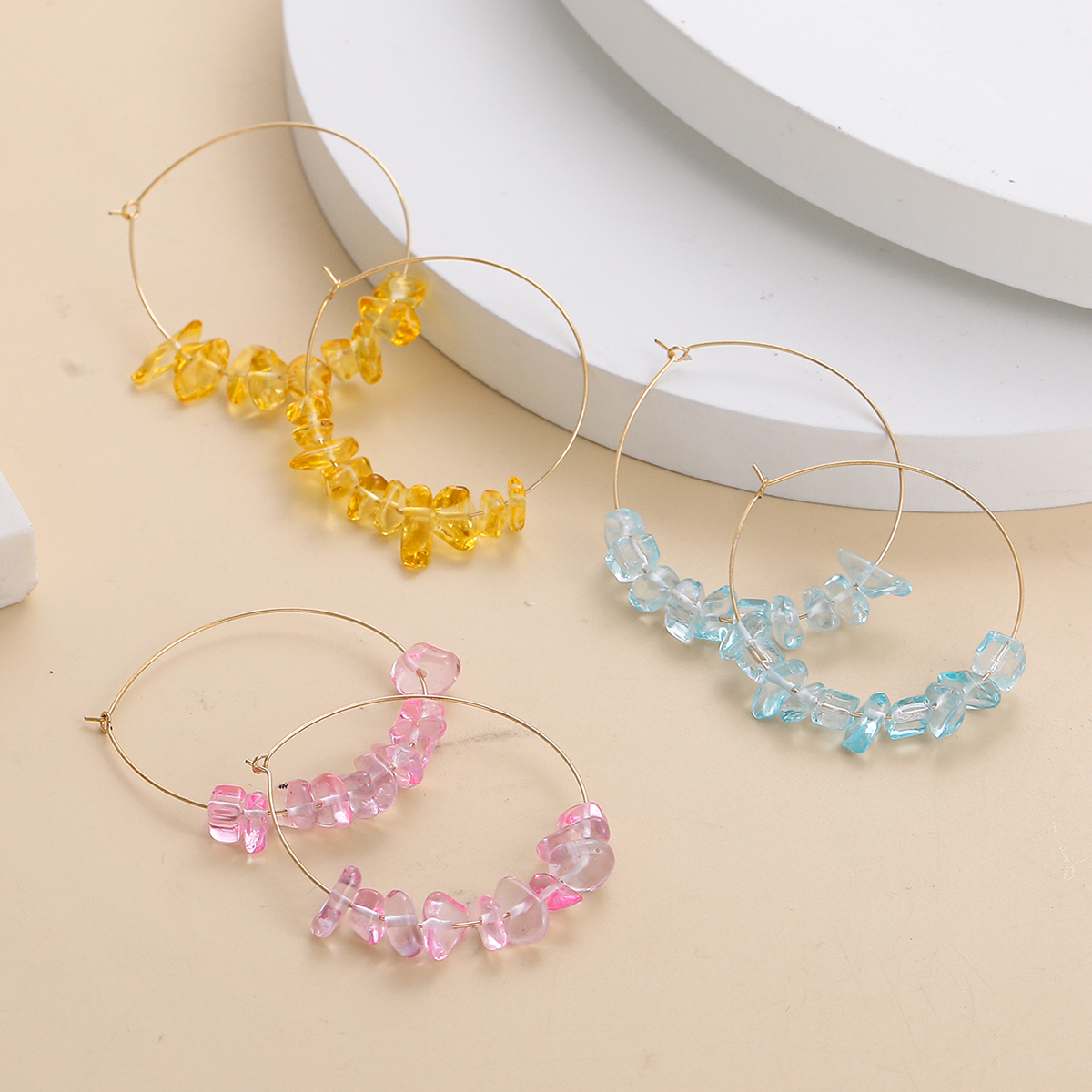 Sweet Geometric Alloy Beaded Glass Stone Womenu0027S Hoop Earrings 3 Pairs