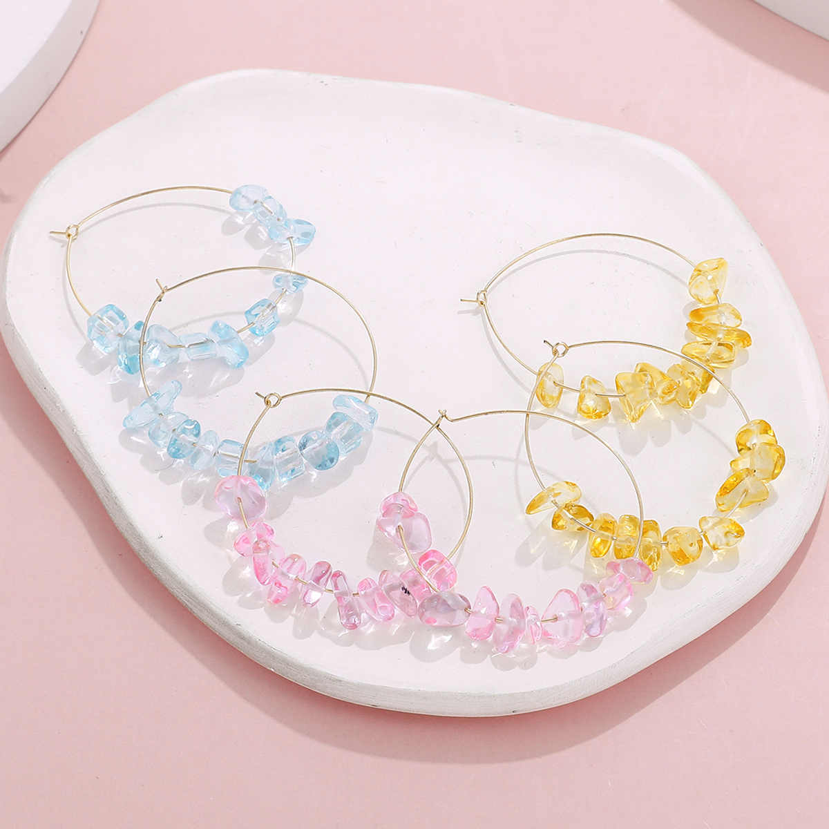 Sweet Geometric Alloy Beaded Glass Stone Womenu0027S Hoop Earrings 3 Pairs