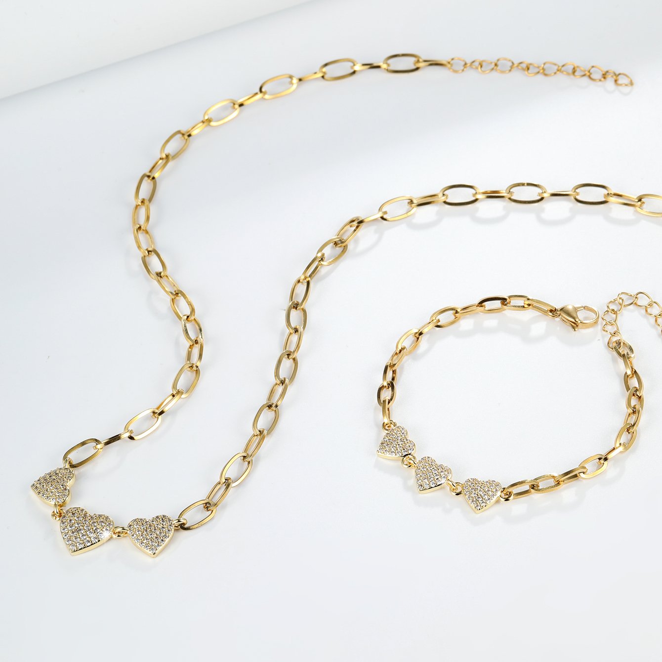 Fashion Heart Shape Copper Gold Plated Zircon Unisex Bracelets Necklace 1 Set