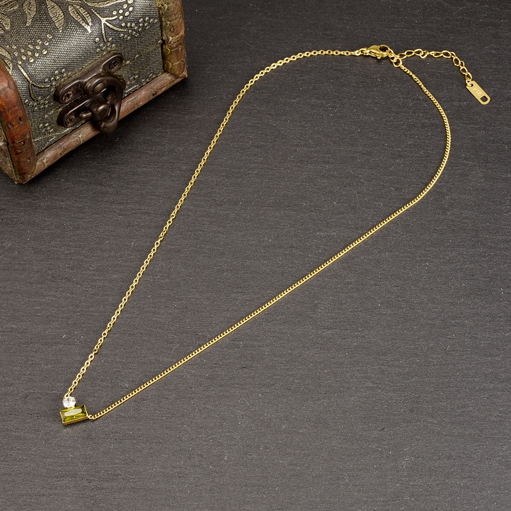 Fashion Square Titanium Steel Gold Plated Rhinestones Pendant Necklace 1 Piece